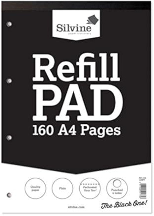 Silvine 160 Page A4 Refill Pad, Head Bound and Punched 4 Holes. Plain White Pages. Ref A4RPP