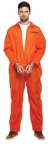 HENBRANDT Adult Men's Orange Prison Jumpsuit Fancy Dress Costume Convict Boiler Suit Prisoner Overalls Jail Jump Suit Dress Up Outfit One Size Mens Fancy Dress Costume