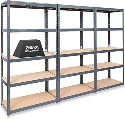 Storalex Pack of 3 45cm Deep Garage Shelving Racking Units – UK’s Bestselling Garage Storage Shelves - 280kg Per Shelf (Evenly Distributed) - 5 Tier Shelf Unit - Metal & MDF Boltless Assembly System