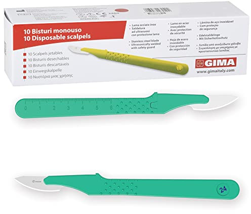 GIMA Bisturi in Acciaio Inox, Manico in ABS, Sterili e Monouso, Premium, Coprilama di Sicurezza, Misura n. 24, 10 Bisturi Singolarmente Confezionati