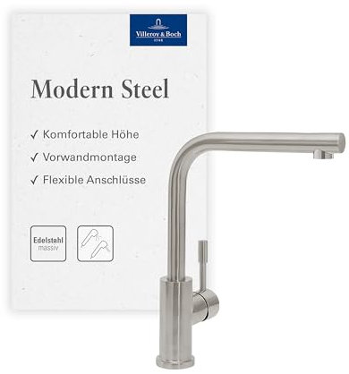 Villeroy & Boch Modern Steel Küchenarmatur, Hochdruck, Wasserhahn Küche mit Keramikkartusche und 360° Schwenkbereich, Spültischarmatur wassersparend, Auslauf Höhe 281mm, Edelstahl massiv
