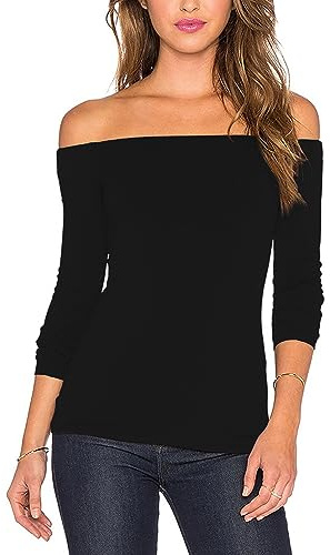 Women's Sexy Slim Fit Stretchy Off Shoulder Long Sleeve Blouse Tops Shirt Black S