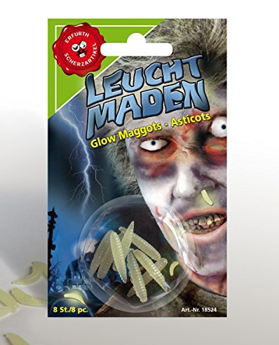 Festartikel Müller Halloween Leucht-Maden 8 Stück aus Gummi in der Farbe Fluo-Weiß, 110.524.00
