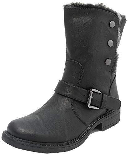 Womens Fold Down Leather Look Fur Lined Biker Ankle Boots BLACK SIZE 5