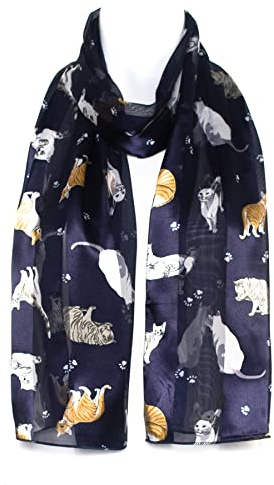Hat To Socks Cat Paw, Kitten Print Premium Chiffon Satin Scarf for Women - Korean Made Lightweight Sheer Fashion Wrap, Soft Elegant Shawl