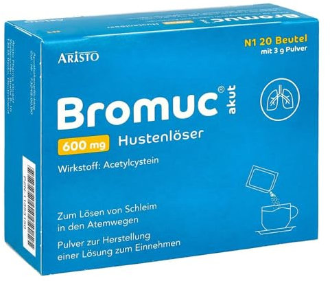 Bromuc akut 600 mg Hustenlöser 20 Beutel - Verflüssigt zähen Schleim und erleichtert das Abhusten bei Atemwegserkrankungen - Schnelle Hilfe für Erwachsene und Jugendliche ab 14 Jahren