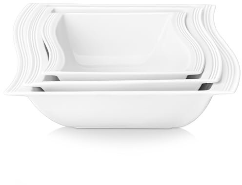 MALACASA serie Flora, Cuencos de Porcelana Juego de Vajilla 3pc Blanca Crema 10 y 8,5 y 7 Pulgadas Cuencos de Fuente de SopaTazón y Cuenco de Cereal, Ensalada