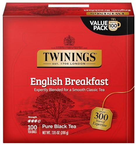 Twinings English Breakfast Black Tea Individually Wrapped Bags, 100 Count (Pack of 1), Smooth, Flavourful, and Robust, Caffeinated, Enjoy Hot or Iced, 100 Teabags