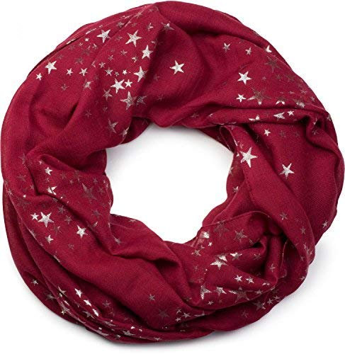 styleBREAKER Damen Loop Schal mit glitzerndem Metallic Sterne All Over Print Muster, Leichter Schlauchschal Einfarbig, Tuch 01016118, Farbe:Weinrot