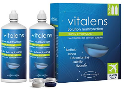 VITALENS - Produit multifonction pour lentilles de contact souples - Décontamine, nettoie, rince, déprotéinise, hydrate et conserve - Solution à l’acide hyaluronique - Format voyage / 2x50ml