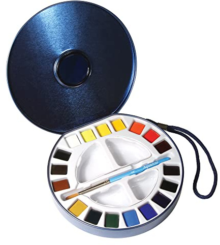 AQUAFINE Watercolour Metallkasten Reise-Dose 18 x 1/2 Näpfchen, 1 Pinsel, 2 Paletten