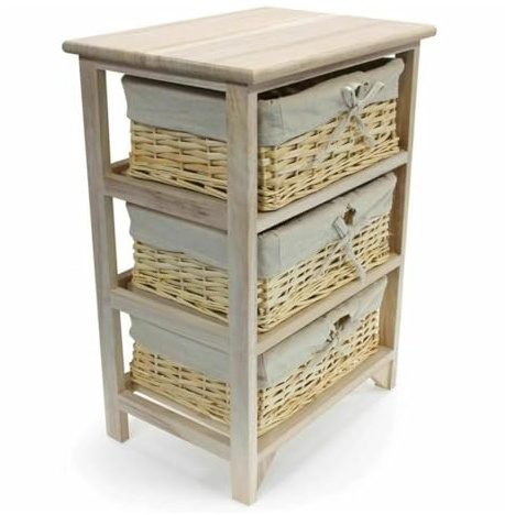 Gr8 Home 3 Tier Wooden Storage Drawers with Wicker Baskets | Drawers Storage Unit | Bedroom Bedside Cabinet Storage | Storage Drawers Furniture