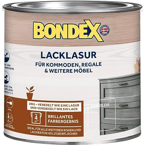 Bondex Lacklasur Farblos 0,375 L für 3,75m² | 2in1 - veredelt und versiegelt | Wasser- und Schmutzabweisend | Sicherheit für Kinderspielzeug nach DIN EN 71-3 | Seidenglänzend | Holzlasur