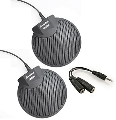 Sound Tech CM-1000 - Set di 2 microfoni da tavolo per conferenze e conferenze stereo omnidirezionale da 3,5 mm e splitter audio