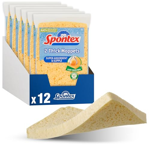 Spontex 12 Thick Sponge Moppets Value Pack 16 x 12cm Super Absorbent & Supple Plant-Based Cleaning Sponges 12 Count