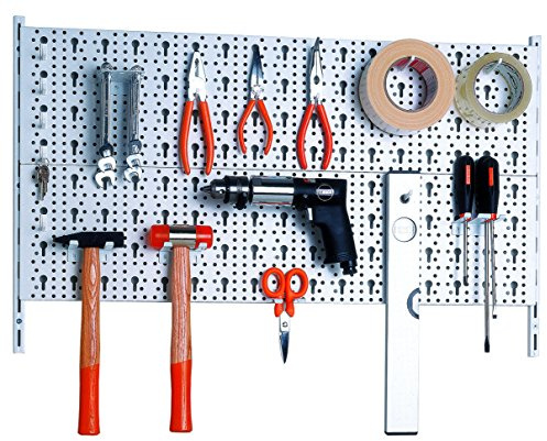DIY Element System HEIMWERKER ORGANIZER 1 – Metall-Werkzeugwand mit verschiedenen Halterungen, ideal für Heimwerkstatt – 2 Stahl-Lochplatten 800 x 200 mm, weiß