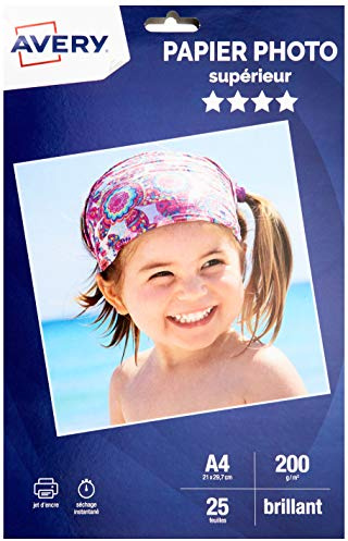 Avery Papier A4 200g/m² Brillant - 25 Feuilles - Papier Photo A4 Brillant- Jet d'Encre, Séchage Instantané, FSC Certifié, Couleurs Éclatantes, Résistant, Finition Professionnelle