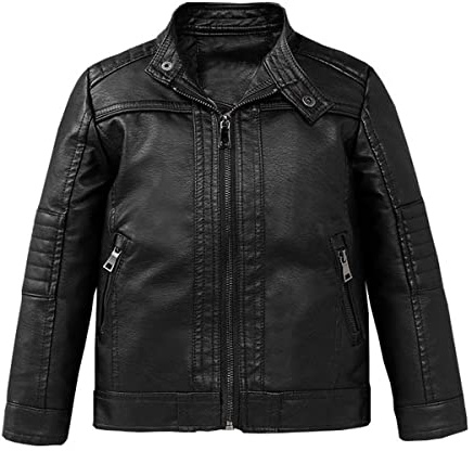 POZAMA Boys Stand Collar Leather Jackets Kids Spring Fall Faux Leather Motorcycle Coats Black 7-8Years