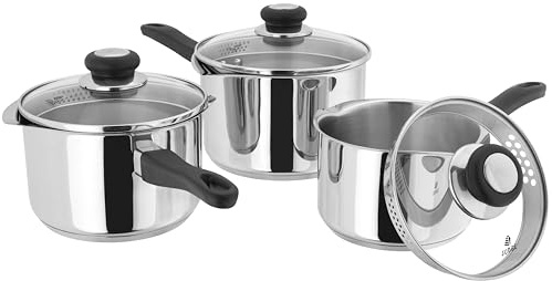 Judge Vista Draining Set of 3 Stainless Steel Pans, 16cm, 18cm & 20cm Saucepans with Pouring Lip and Strainer Lids, Induction Ready, Oven Safe