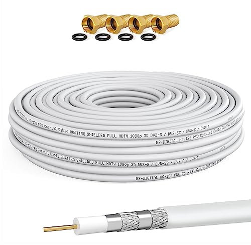 HB-DIGITAL 15m 135dB Câble SAT coaxial HQ-135 PRO 4 fois blindé pour les systèmes DVB-S / S2 DVB-C et DVB-T BK + 4 prises F dorées Gratuit