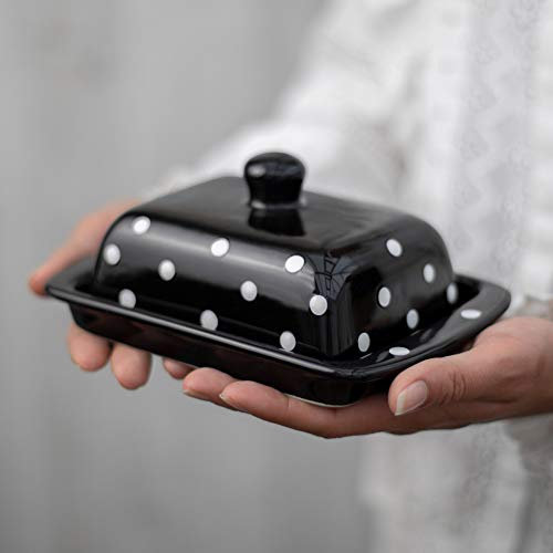 City to Cottage Large Butter Dish with Lid for Countertop, Ceramic Butter Keeper, Butter Container with Knob Handle, Butter Holder Tray with Cover, Handcrafted Black and White Polka Dot Butter Dish