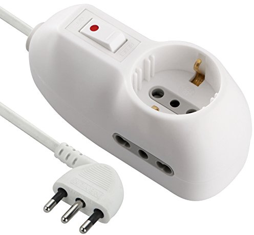 Electraline 62023 Multipresa Protetta, Cavo da 1 m, 3G0.75, Spina 10 A, Prese 1 Italiana/Tedesca e 2 Bipasso 10/16A, Interruttore di sicurezza, Bianco, 1m