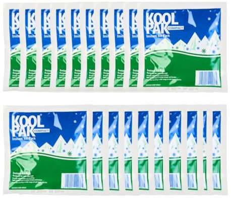 Koolpak Compact Instant Ice Packs - 15x15cm Cold Therapy Packs for Injuries & Pain Relief - Quick Squeeze Activation, Single Use - Stays Cold for 20 Minutes - First Aid Essential (20 Pack)