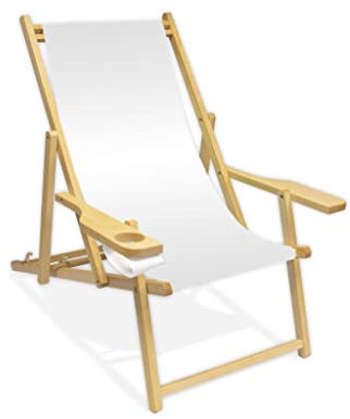 Promo Trade Holz-Liegestuhl mit Armlehne und Getränkehalter, Klappbar, Wechselbezug (Weiß)