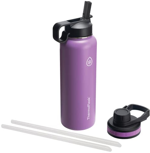 Thermoflask Double Stainless Steel Insulated Water Bottle with Two Lids, 40 oz, Plum