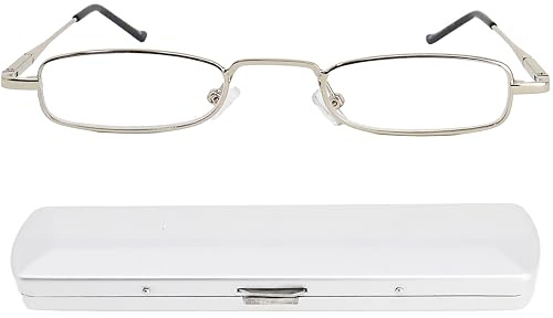 Smal metall Mini läsglasögon, rostfri stålram (silver), med gratis slim-fit aluminiumfodral, platt läshjälp damer och herrar +1.5 dioptrier
