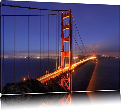 Pixxprint Golden Gate Bridge bei Nacht in San Francisco, Größe: 100x70cm, Leinwandbild, fertig gespannt, Wandbild, Dekoration, Kunstdruck, kein Poster