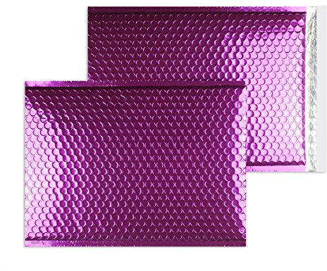 10 Stück, Farbige Luftpolstertaschen, 100 x 170 mm, Haftklebung mit Abziehstreifen, Gerade Klappe, 180 my Metallic Bubble Bags - Glossy, Ohne Fenster, Violett (Lila), Blanke Briefhüllen