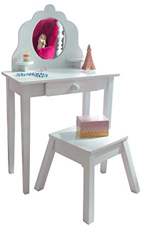 KidKraft Medium Schminktisch Weiß mit Spiegel und Hocker aus Holz für Kinder, Frisiertisch mit Schublade und Stuhl, Kindertisch mit Hocker, Kinderzimmer Möbel, 13009