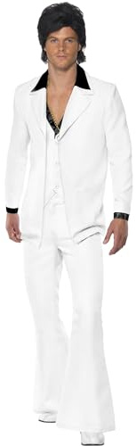 Smiffys Costume des années 70, blanc, veste avec fausse chemise, gilet et pantalon Halloween