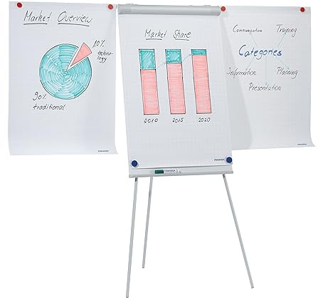 FRANKEN Lavagna a fogli mobili, scrivibile, magnetica, con 2 bracci laterali, treppiede, 68 x 105 cm, altezza regolabile, con porta carta e portapenne, ECO Standard, F2100/N