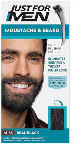 Just For Men Moustache & Beard Real Black Dye, Eliminates Grey For a Thicker & Fuller Look With An Applicator Brush Included – M55