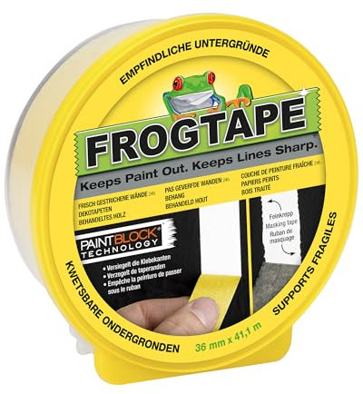 Frog Tape Maler-Kreppband für empfindliche Oberflächen, 36 mm x 41,1 m, Gelb Für Innenmalerei und Dekoration für scharfe Linien ohne Auslaufen von Farbe.