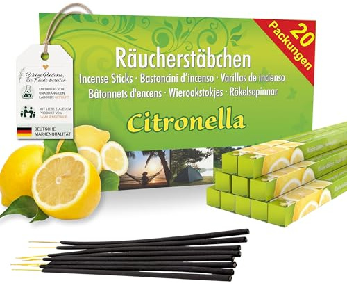 20 confezioni di bastoncini di incenso alla citronella, durata della combustione circa 120 ore (totale). Alternativa alla candela alla citronella per esterni/giardino