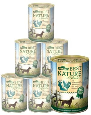 Dehner Best Nature Hundefutter, Nassfutter getreidefrei, für ausgewachsene Hunde, Wild / Huhn / Nudeln, 6 x 400 g Dose (2.4 kg)