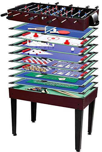 GAMES PLANET Multigame Spieletisch Mega 15 in 1, inkl. komplettem Zubehör, Spieltisch mit Kickertisch, Billardtisch, Tischtennis, Speed Hockey, Holzdekor dunkel