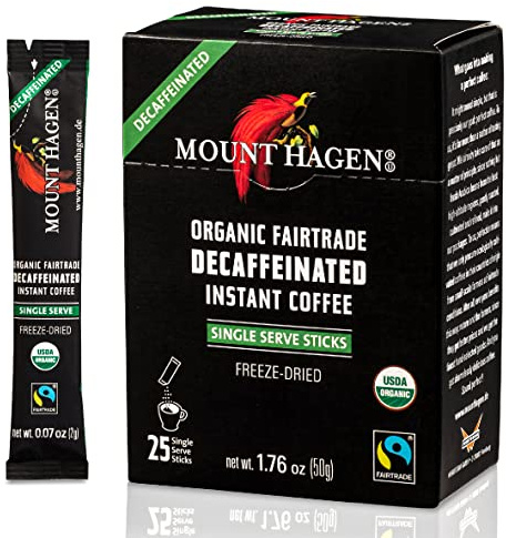Mount Hagen 25 Count Single Serve Instant Decaf Coffee Packets - 1 Pack | Decaffeinated Organic Medium Roast Arabica Beans | Eco-friendly, Fair-Trade [1 x 25 sticks/1.76oz/50g]