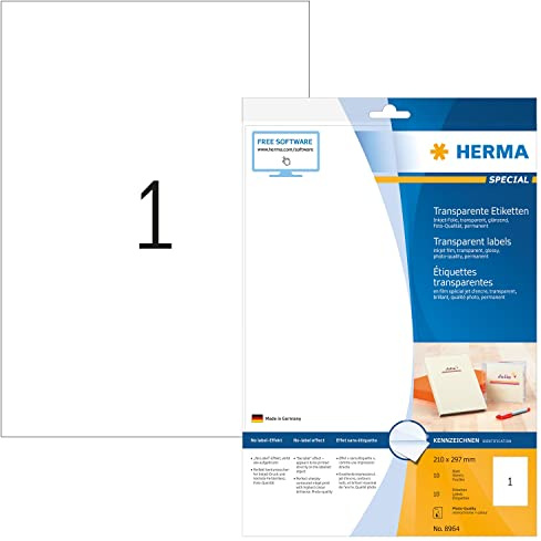 HERMA 8964 Folienetiketten für Inkjet Drucker transparent, 10 Blatt, 210 x 297 mm, 1 pro A4 Bogen, 10 Stück, selbstklebend, bedruckbar, glänzend blanko Klebeetiketten Aufkleber für Tintenstrahldrucker