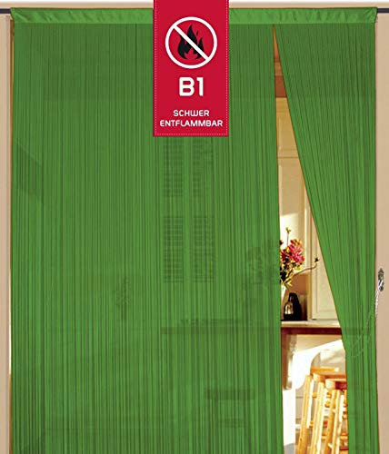 Cortina de hilos 90 cm x 240 cm, color verde claro en B1, difícilmente inflamable.