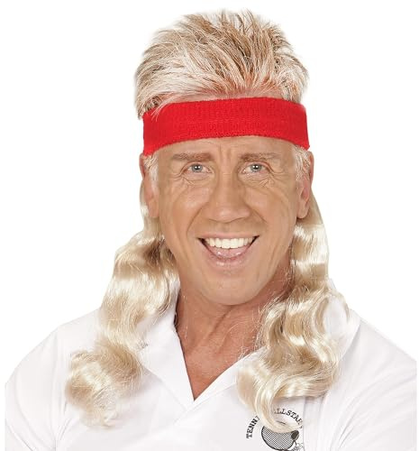 W WIDMANN MILANO Party Fashion - Perruque avec cheveux bouclés et bandeau, années 80, joueur de tennis, perruque à cheveux longs