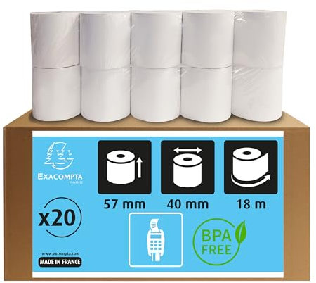 Exacompta 40751E 20er Pack Thermopapierrollen 1-lagig Breite: 57mm, Länge: 18m, Durchmesser Kern: 12mm 55g/m² rückseitig bedruckt für Kartenzahlung (EC Cash Geräte)