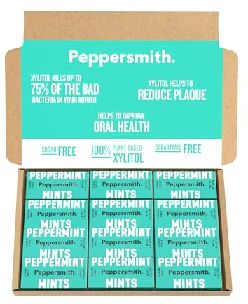Peppersmith - British Peppermint Mints - 100% Plant Based Xylitol - Breath Freshener - Sugar Free Mints - Benefits Oral Health - Pocket Packs - 12x15g