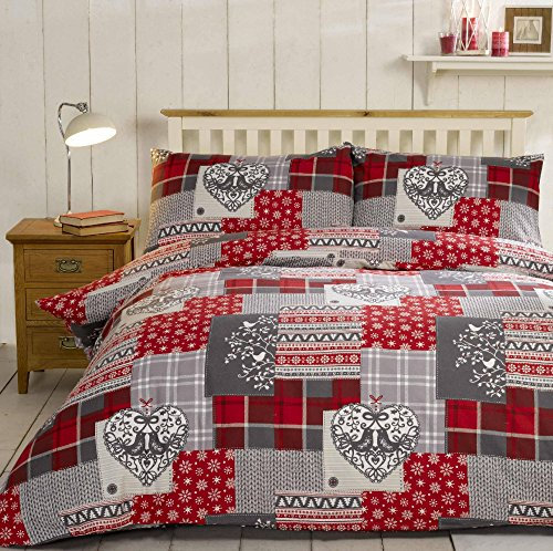 Alpine Patchwork Schneeflocke Feinbiber Thermo 100% Baumwolle Biber Quilt Bettbezug Set, baumwolle, Red/multi-colour, 200 x 200 x 0.5 cm