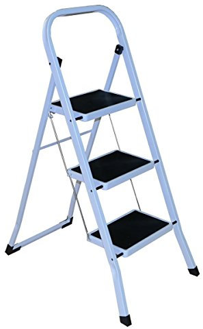 Harewood 3 Step Ladder - Foldable Metal Ladder with Rubber Anti Slip Tread Mats