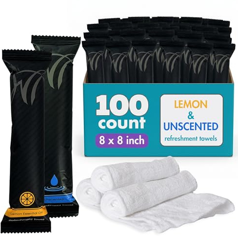 White Towel Services 8 x 8 inch Moist Cotton Towel Individually Wrapped - Lemon and Unscented (Case of 100) - Single-Use Oshibori Style Cotton Hospitality Towels