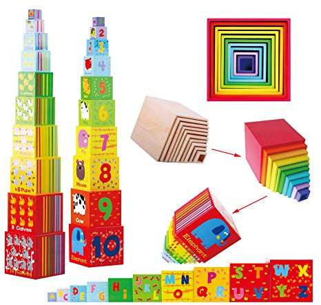Toys of Wood Oxford Stapelturm Holz - Bunte Würfel mit Zahlen, Buchstaben und Tieren stapeln oder ineinander stecken - Stapelwürfel Steckturm für Kinder ab 2 Jahren